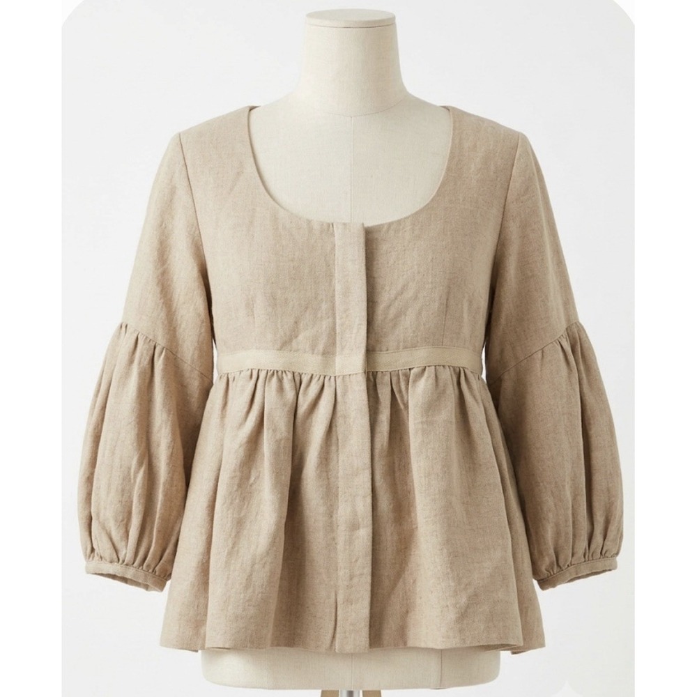 IRO Linen Blend Peplum Blouse Top Tan Puff Sleeve Tie Back Size 38 Small